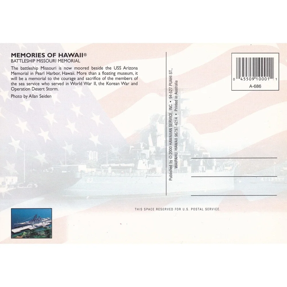 USS Missouri Memorial Hawaii Postcard A-686 2000 Military Naval WWII Ship